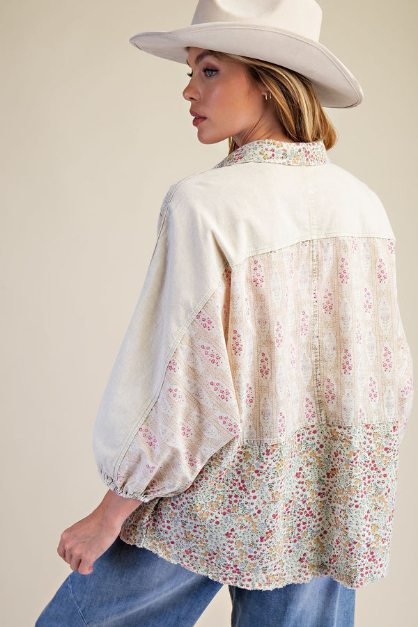 Cream Print Mix Washed Button Down Shirt