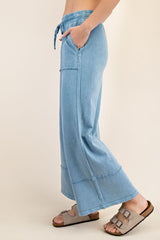 Dusty Blue Cotton Poly Cropped Wide Pant
