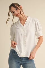 Solid Smocked Frilled V-Neck
