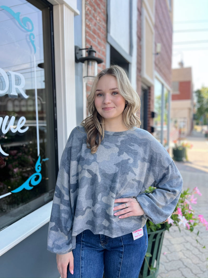 Casual Camo Print Fleece Long Sleeve Top