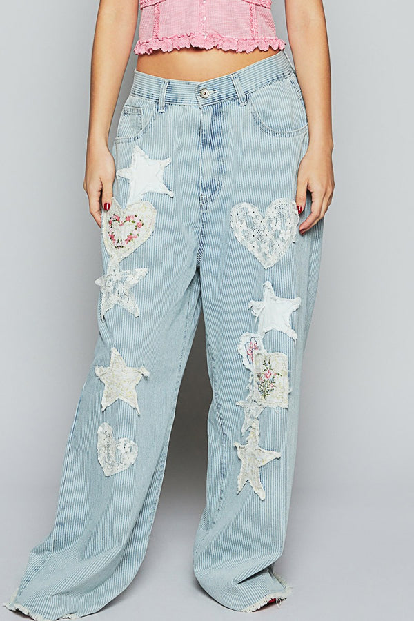 Striped Denim Wide Leg Pants with Heart and Star Patchwork