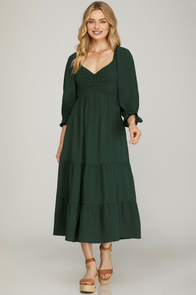Smocked Cinch Detail Midi Dress