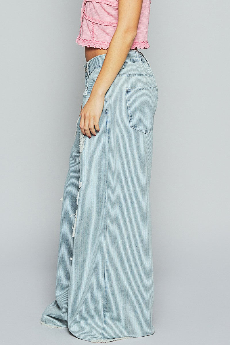 Striped Denim Wide Leg Pants with Heart and Star Patchwork