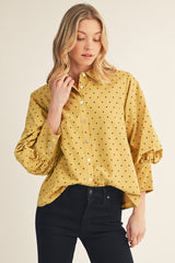 Mustard Balloon Sleeve Button Down Top