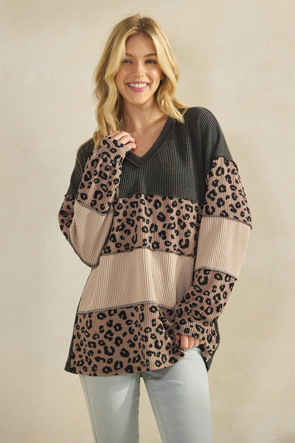 Leopard and Charcoal Colorblock Ribbed Raglan