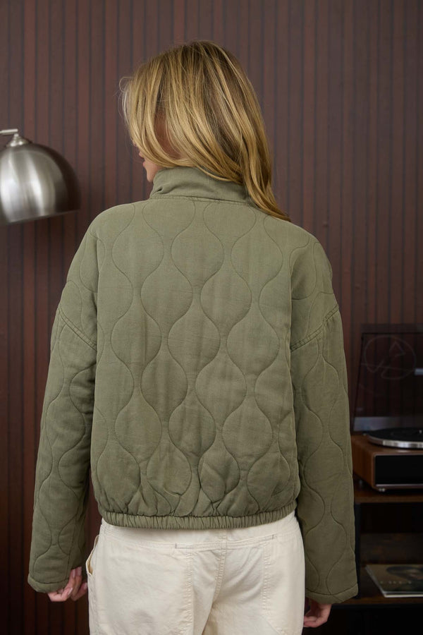 Olive Washed Quilted Front Tie Puffer Jacket