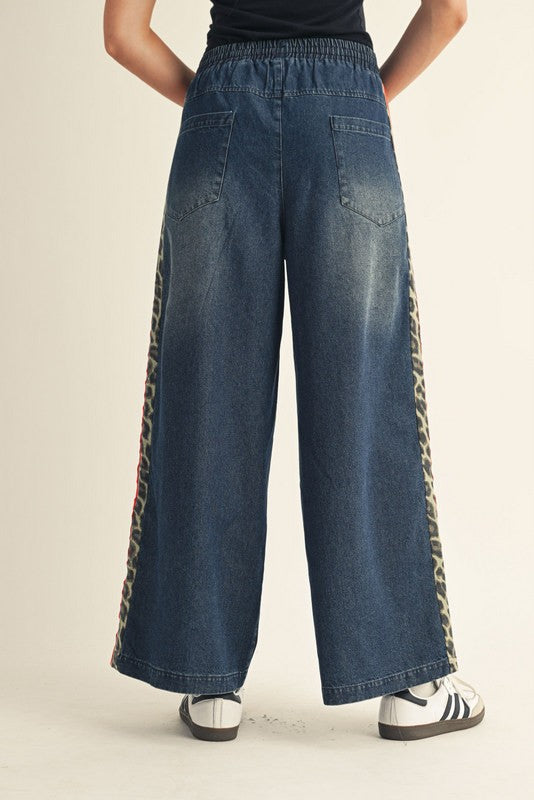 Leopard Red Trim Drawstring Waist Jeans