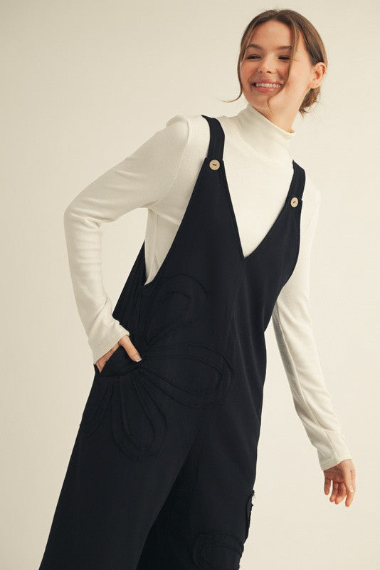 Raw Edge Patched Floral Overalls