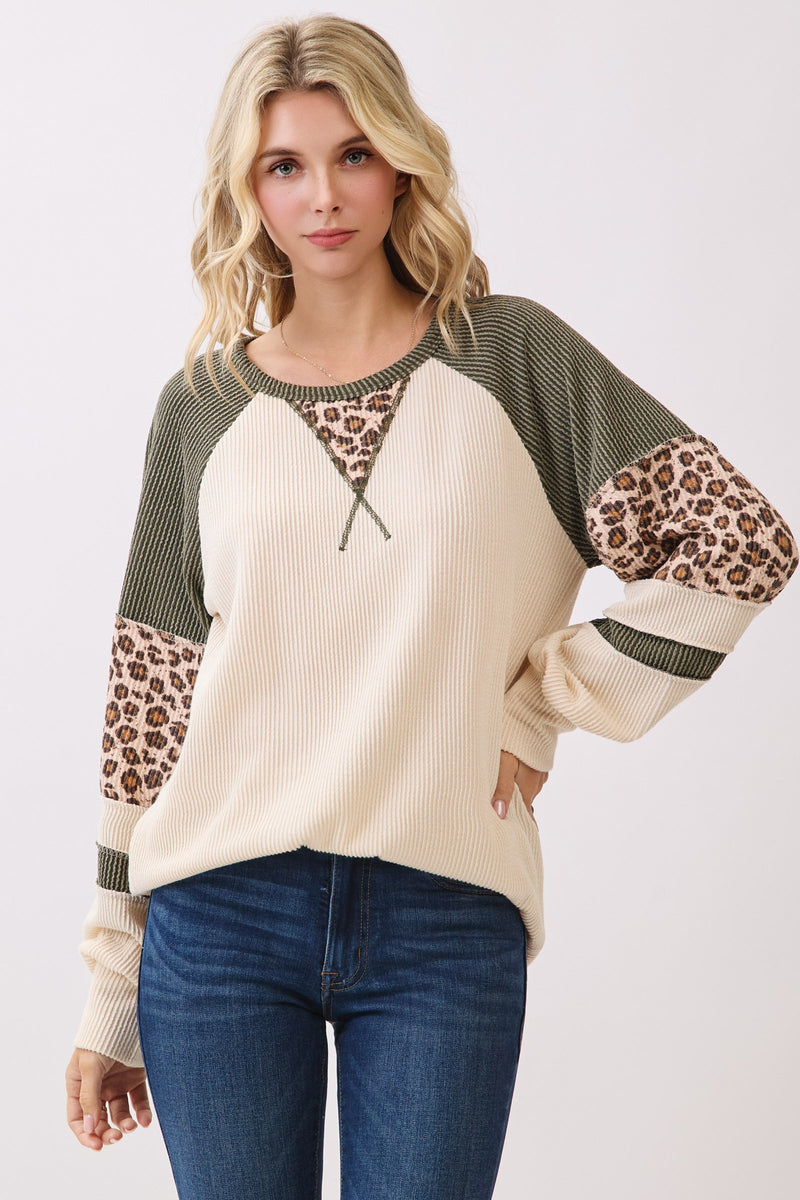 Olive and Leopard Contrast Raglan