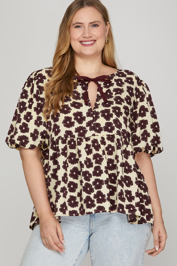 Curvy Floral Cream & Plum Flowy Top With Tie