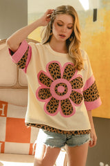 Cream Leopard & Pink Knit Colorblock Patched Top