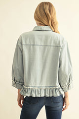 Washed Denim Button Down Ruffle Hem Top