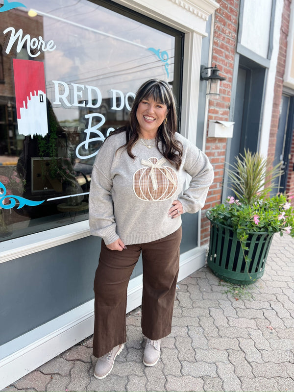 Gray Plaid Pumpkin Sweater With Lace Bow