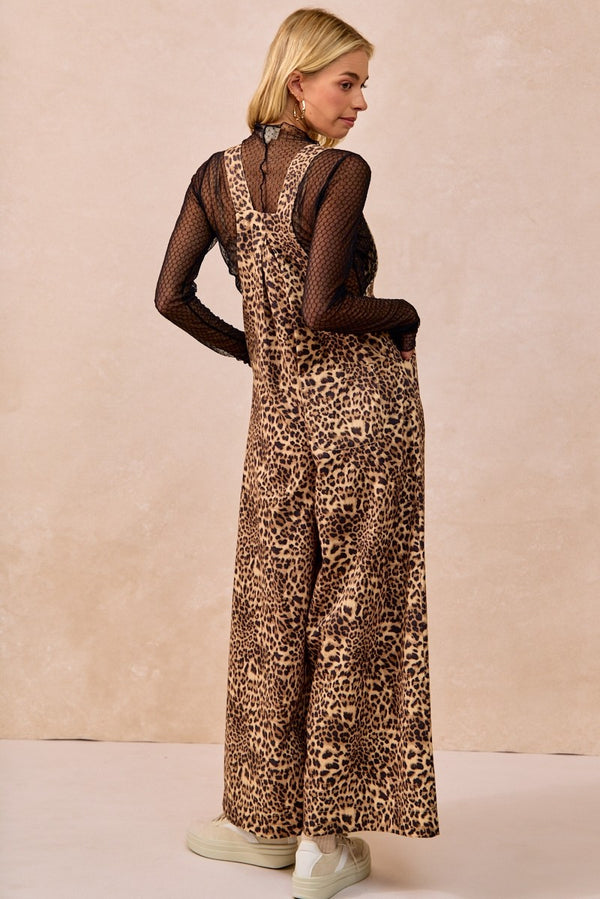 Leopard Printed Wide Leg Overall with Pocket