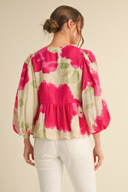 Hot Pink Abstract Floral Top with Bows