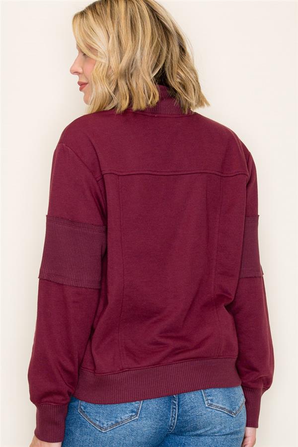 Maroon Half Zip Mock Neck Rib Contrast Pullover