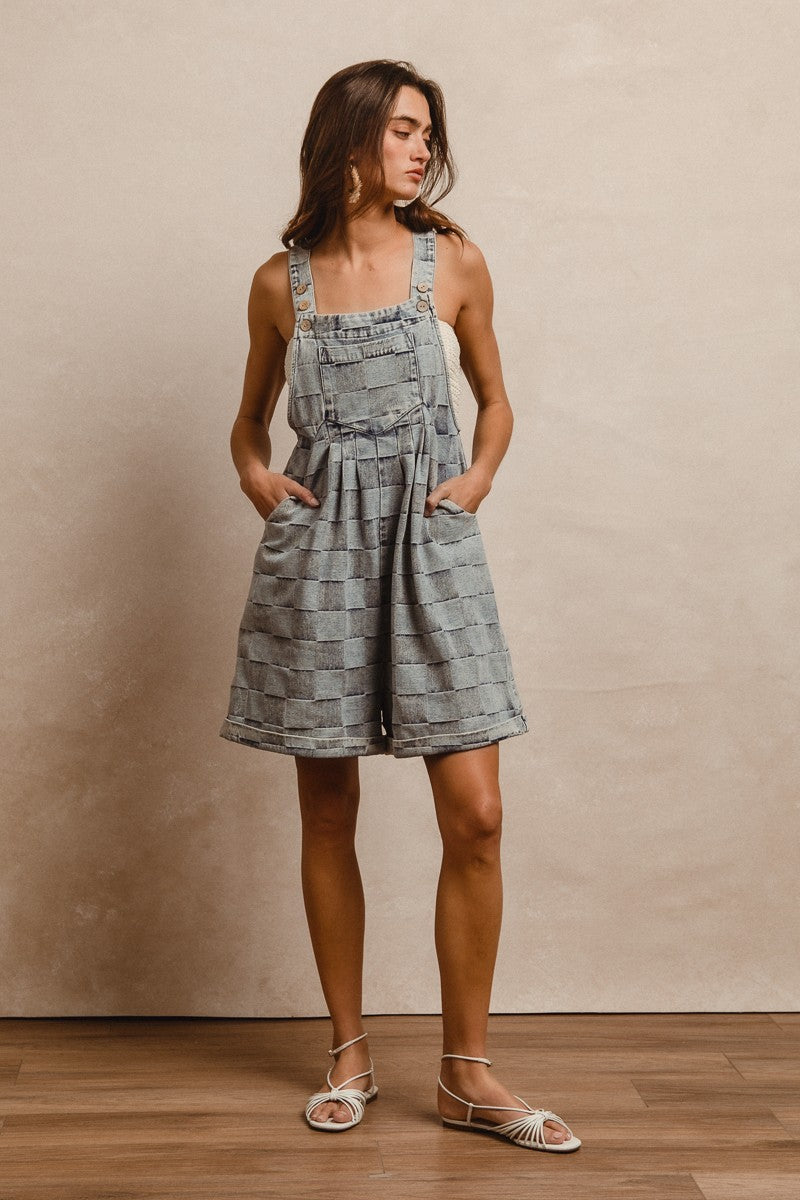 Checkered Denim Wide Leg Short Overalls