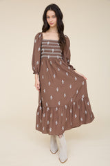 Brown Floral Embroidery Smocked Midi Dress