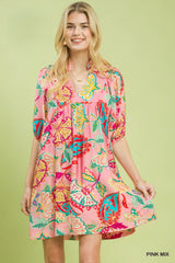 Pink Mix Paisley Print V Neck Dress