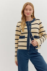 Striped Button Up Sweater Jacket W/ Denim Contrast