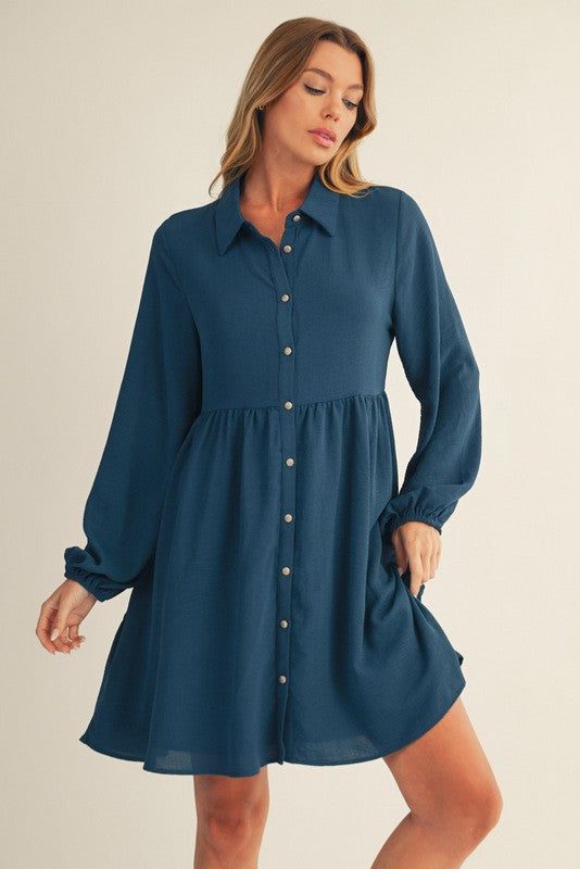 Teal Tiered Button Down Dress