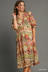 Green Mix Scrunch Sleeve Maxi Dress