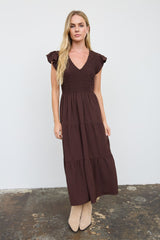 Solid Flutter Sleeve Smocked Midi Dress