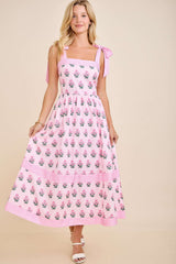 Pink Floral Tie Strap Midi Dress