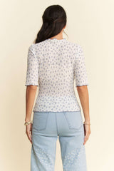 White and Blue Short Sleeve Floral Mesh Top