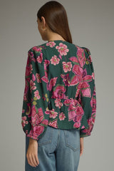 Green Floral V Neck Button front Top
