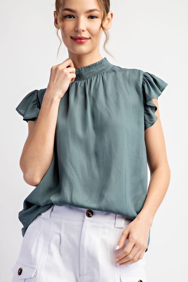 Dark Sage Mock Neck Ruffle Sleeve Top