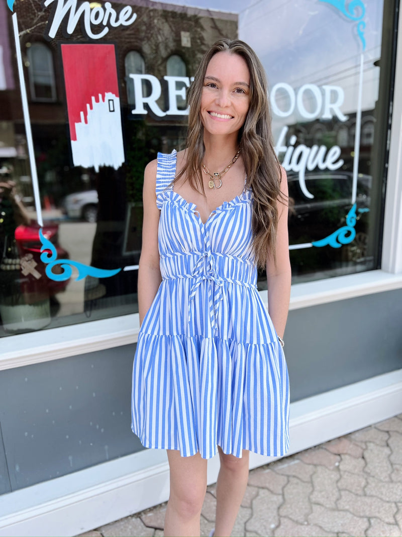 Blue And White Striped Bow Detail Dress