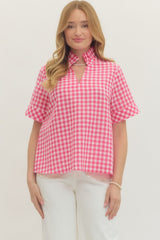 Pink Ginghan V-Neck Top