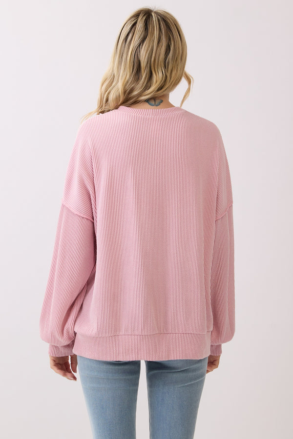 Pink Rib Patch Pullover Top
