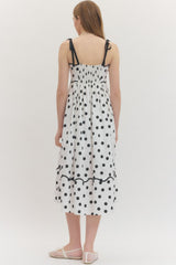 Polka Dot Tie Shoulder Scallop Trim Midi Dress