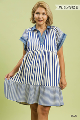 Curvy Blue Striped Scallop Trim Collar Dress