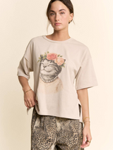 Tan Short Sleeved Top with Floral Crown Kitten
