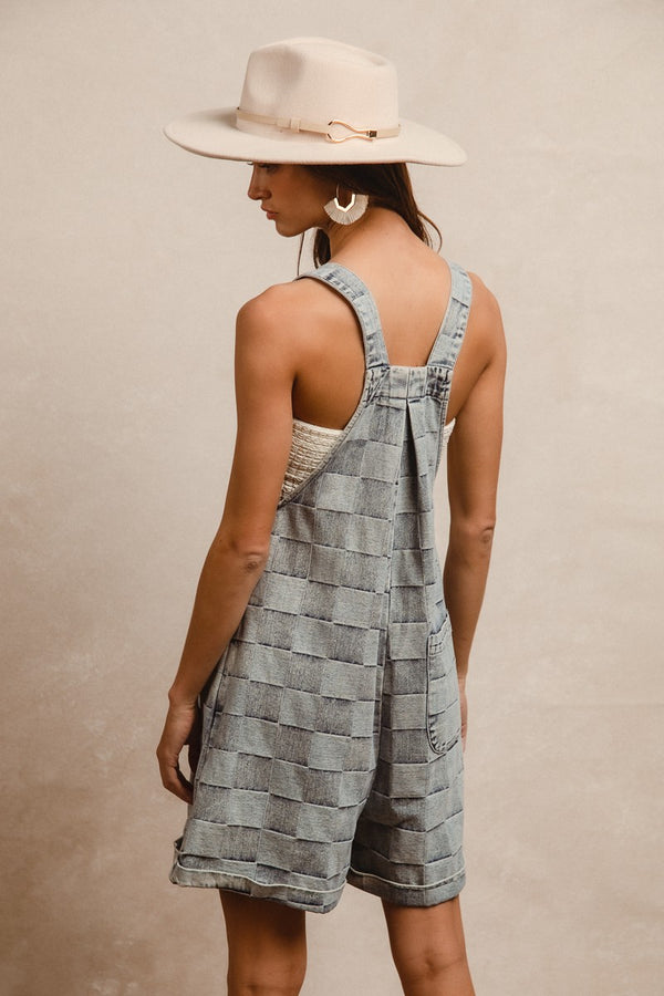 Checkered Denim Wide Leg Short Overalls