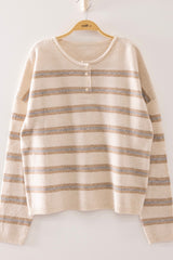 Oatmeal Stripe Button Henley Sweater