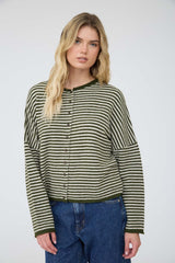 Stripe Raw Edge Drop Shoulder  Knit Cardigan