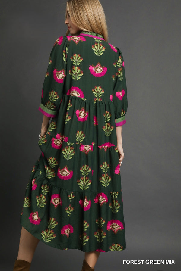 Forest Green Floral Print Tiered Midi Dress W/ Buttons