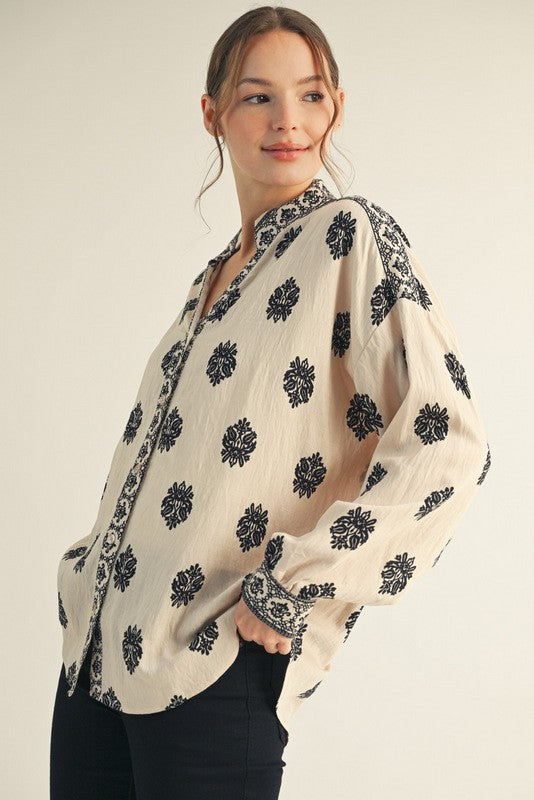 Cream Patterned Button Down Print Top