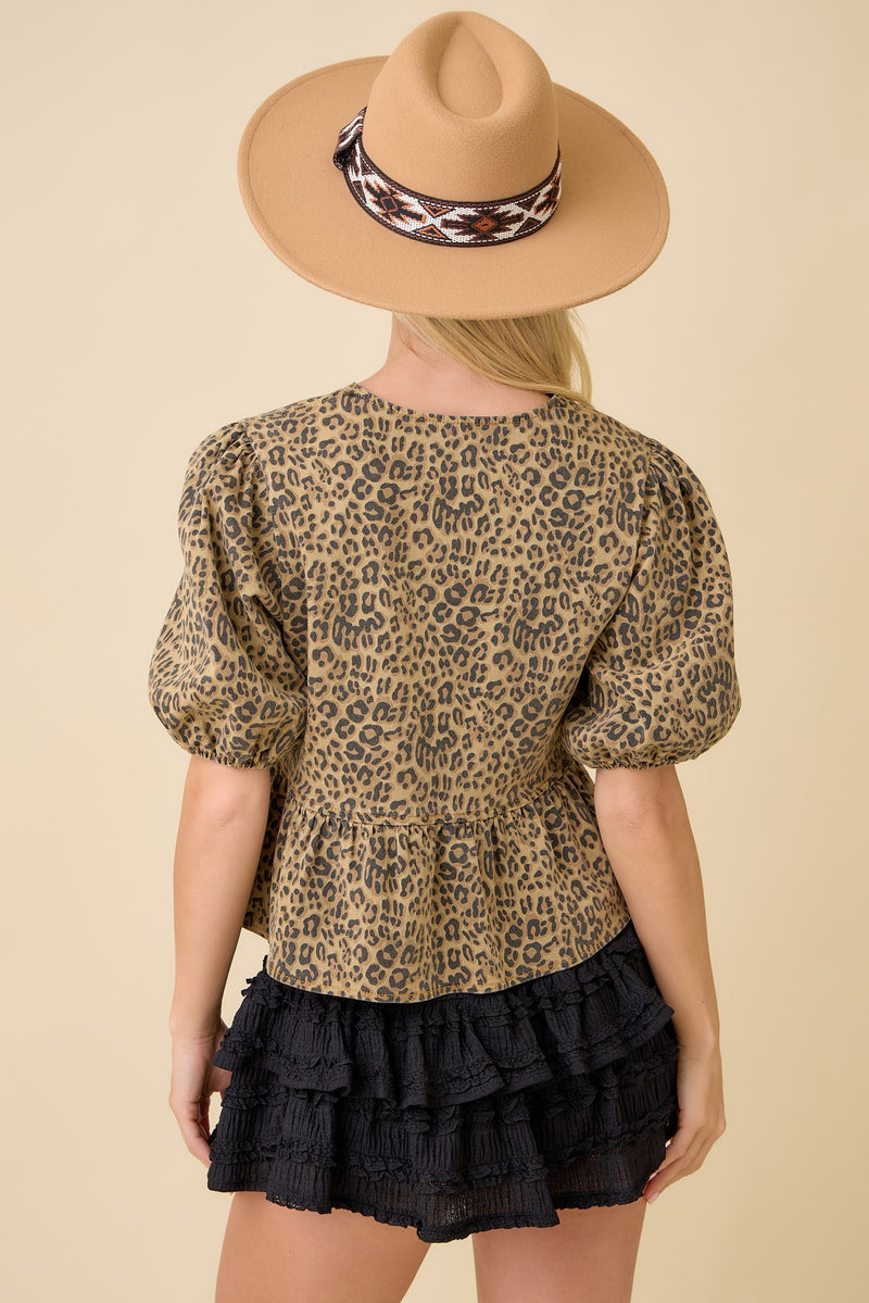 Leopard Printed Denim Shirt With Lace