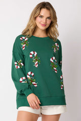 Hunter Green Pullover With Sequin Candycanes