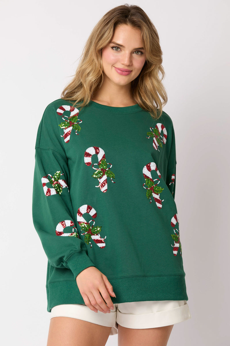 Hunter Green Pullover With Sequin Candycanes