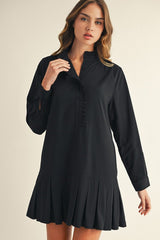 Black Pleated Hem Solid Shift Dress