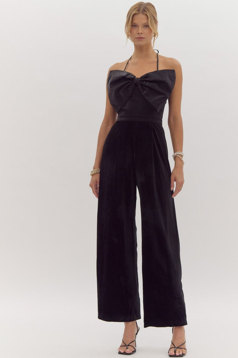 Black Velvet Halter Top with Tulle Bow Jumpsuit