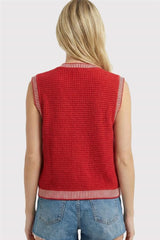 Red Ribbed Finish Button Down Sweater Vest