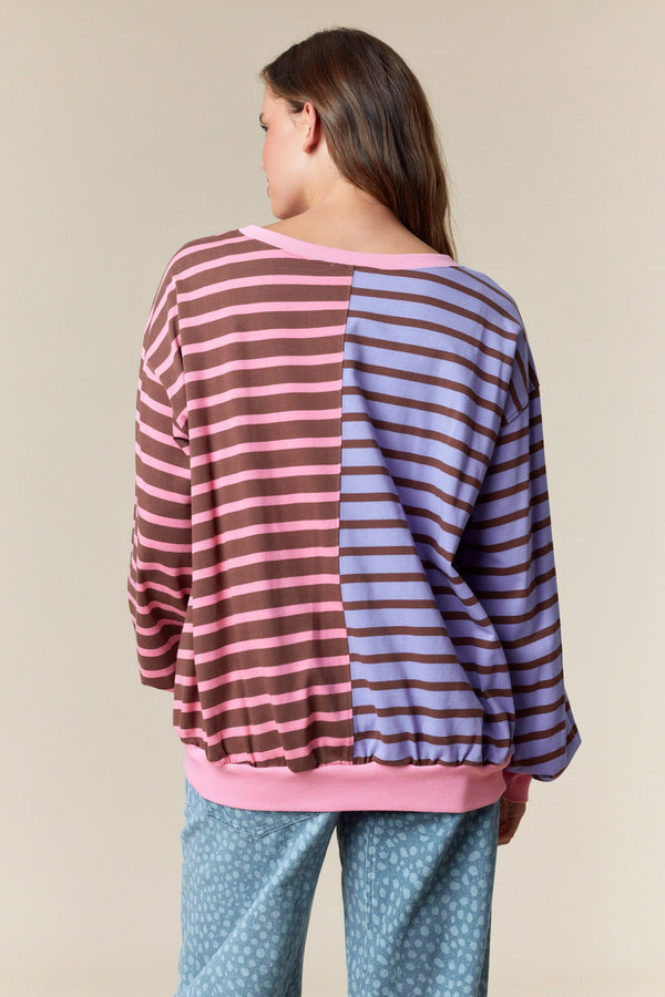 Purple Mix Half and Half Striped Sweatshirt