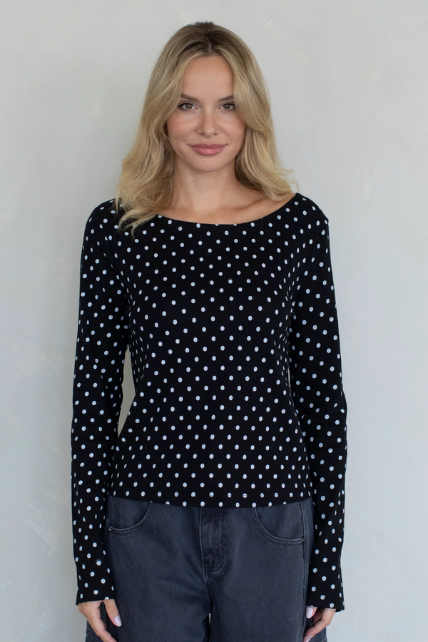 Long Sleeve Boat Neck Polka dot Top